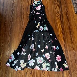 Long Dress With A Mini Skirt Inside Black Floral Maxi Dress with Butterfly Print